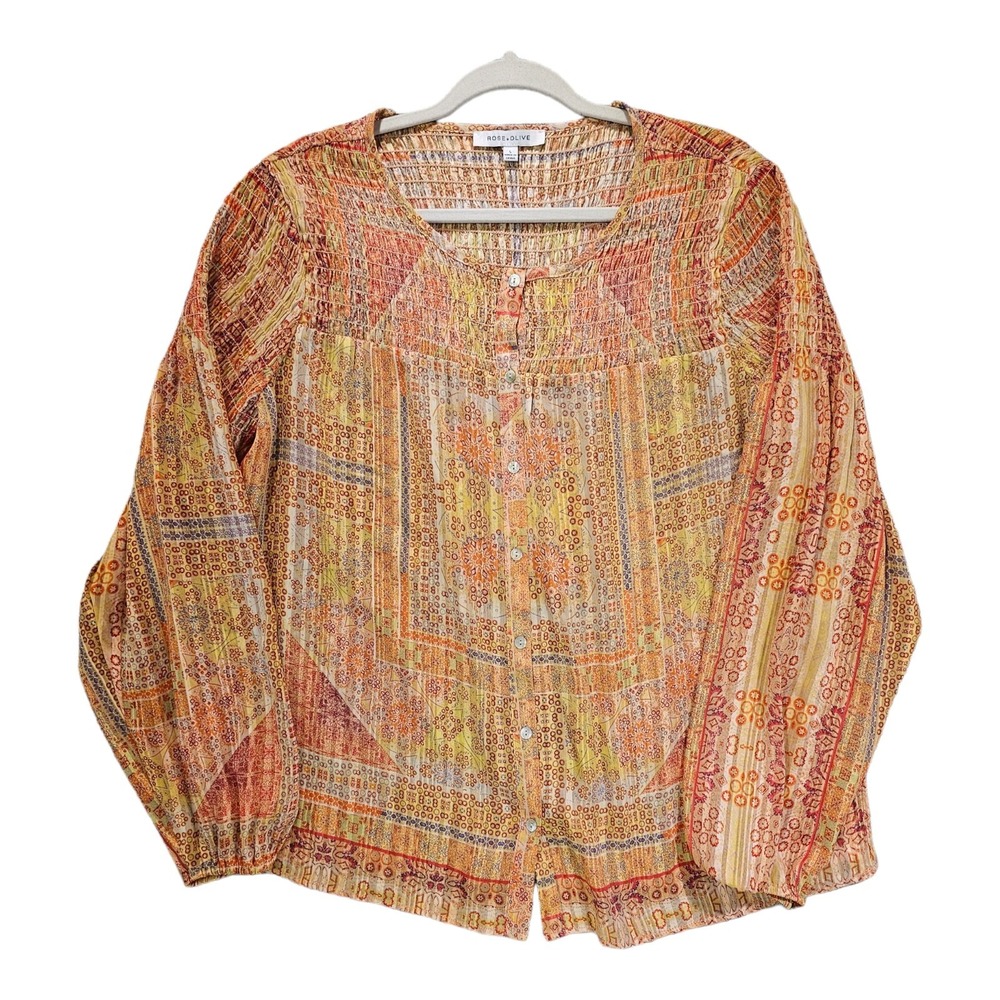 Rose & Olive Top Womens Blouse Large Multicolor Print Peasant Shirt Long Sleeve